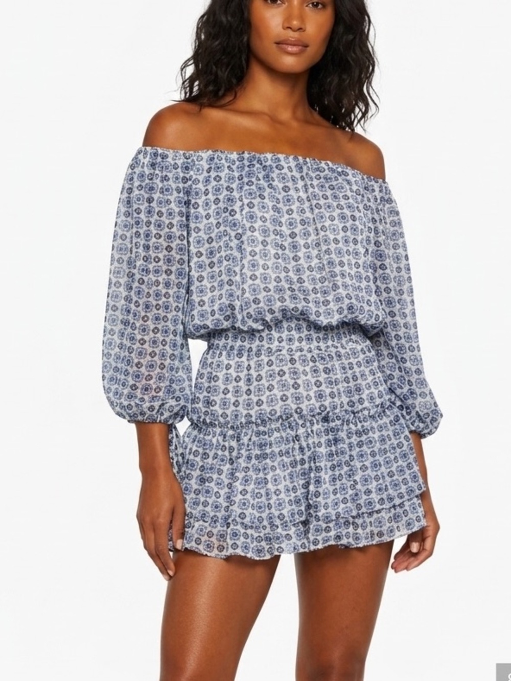 NWT MISA Los Angeles Zonia Off Shoulder Chiffon Mini Dress Blue Small